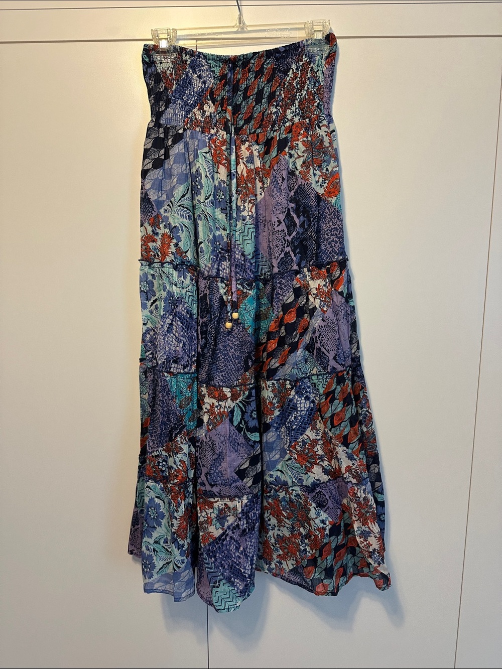Smocked Strapless Maxi Skirt in Blue, Purple & Teal Patchwork